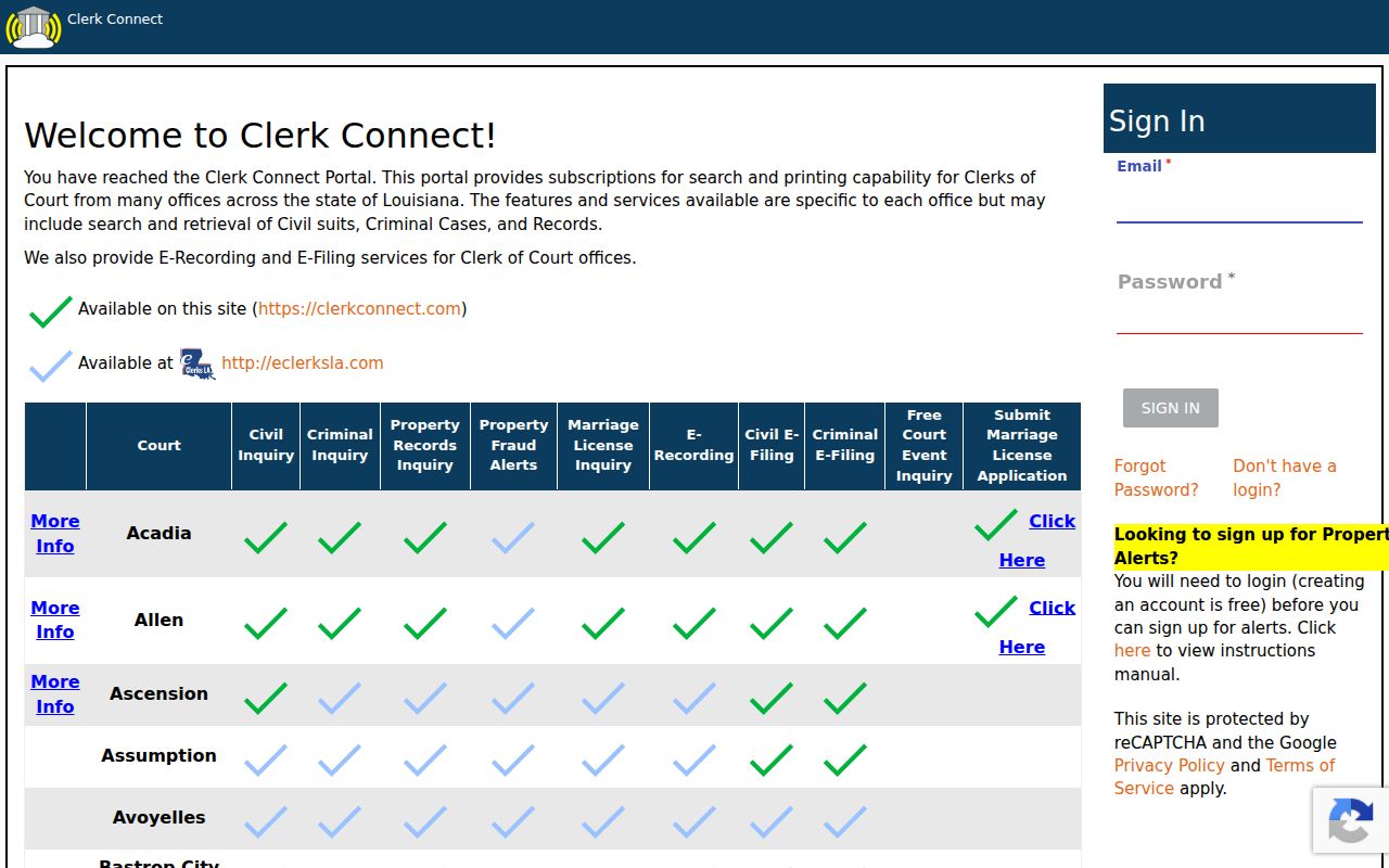 West Baton Rouge civil docket ClerkConnect login interface