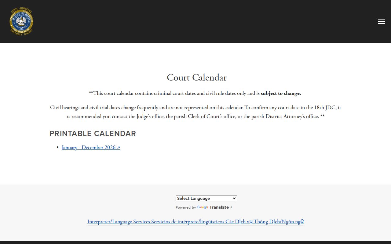 West Baton Rouge Parish court calendar page with 18th JDC printable calendar controls
