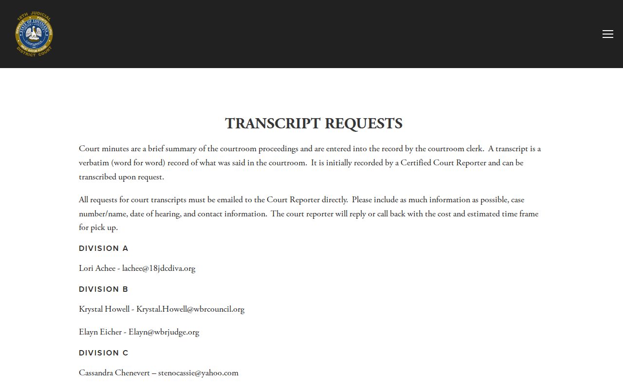 West Baton Rouge Parish court calendar transcript request instructions for 18th JDC hearings
